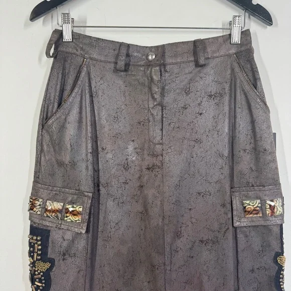 Camelot Italy Brown Cargo Midi Skirt Size S Embellished Utility Boho Grunge - Picture 3 of 16